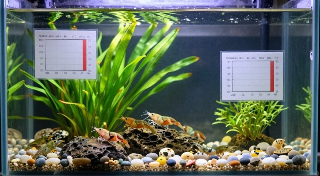 A beautifully arranged aquarium scene showcasing the ideal water parameters for shrimp care. In the foreground, vibrant, colorful shrimp of various species are exploring lush aquatic plants and rocks, while precise scientific charts outlining temperature, pH, and salinity values hover subtly near the plants. The middle ground features clear, clean water illuminated by soft, natural lighting filtering through the aquarium glass, enhancing the colors of the shrimp and greenery. In the background, a serene underwater landscape with pebbles and decorations creates a peaceful atmosphere, inviting calmness. The overall mood is vibrant and educational, emphasizing harmony in aquatic life care. Capture this scene using a macro lens to highlight the intricate details of the shrimp and plants, maintaining a clean and professional aesthetic without any text or distractions.