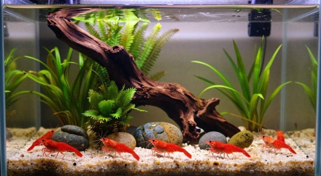 A beautifully arranged freshwater aquarium designed specifically for shrimp care. In the foreground, vibrant red cherry shrimp are exploring the soft substrate, while delicate aquatic plants like Java moss and Anubias provide lush greenery. The middle ground features decorative elements such as driftwood and smooth rocks, creating hiding spots for the shrimp. In the background, a gentle light filters through the water, casting soft reflections and creating a tranquil atmosphere. The aquarium is set against a neutral backdrop, with a focus on the intricate details of the shrimp and plants. The lighting is warm and inviting, highlighting the colors and textures of the aquatic environment. Captured from a slightly elevated angle, this composition showcases the beauty and serenity of a well-designed shrimp habitat.