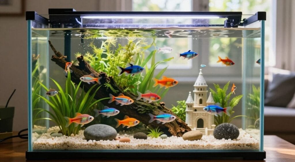 A brightly lit home aquarium filled with various ornamental fish swimming gracefully. In the foreground, colorful fish such as bettas, guppies, and neon tetras glimmer in the crystal-clear water. The middle ground showcases an intricately designed aquarium with aquascaping elements like vibrant aquatic plants, smooth stones, and a small decorative castle. The background includes a faint outline of a cozy living room, softly illuminated by natural sunlight streaming through a window, creating a warm and inviting atmosphere. The image should evoke a sense of tranquility and joy, showcasing the beauty and serenity of maintaining a home aquarium. Ensure the focus is sharp, capturing the vibrant colors and details of the fish and decorations, simulating a professional photography shot with a slight depth of field.