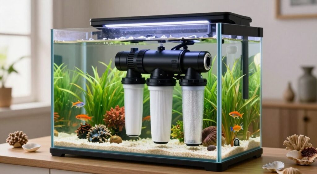 A detailed and realistic image of an aquarium filter capable of handling 200 liters of water, prominently positioned in the foreground. The filter should exhibit a modern design with visible components like a sturdy pump, filtration media, and adjustable settings. In the middle ground, a well-maintained 200-liter aquarium filled with vibrant aquatic plants, colorful fish, and clear water to showcase the filter in action. The background features a softly lit room with a natural ambiance, warm light filtering through a window, and a few decorative elements like shells or coral. The mood should be serene and informative, emphasizing the importance of effective filtration in aquatics. The camera angle should be slightly above eye level, giving a clear view of both the filter and the aquarium environment, focusing on clarity and detail.