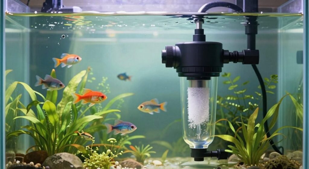 A detailed illustration of an interior aquarium environment featuring an internal filter and pump setup. In the foreground, prominently display the sleek internal filter with clear water flow and visible filtration media. Show vibrant aquatic plants surrounding it, creating a lively habitat. In the middle ground, showcase a variety of colorful fish swimming gracefully, indicating a thriving ecosystem. Use a soft, diffused lighting effect to enhance the serene atmosphere, mimicking natural sunlight filtering through the water. In the background, subtly reveal the aquarium's glass walls, adorned with slight reflections, adding depth to the image. The overall mood should be tranquil and inviting, encouraging the viewer to consider the benefits of internal filters in maintaining a healthy aquarium.