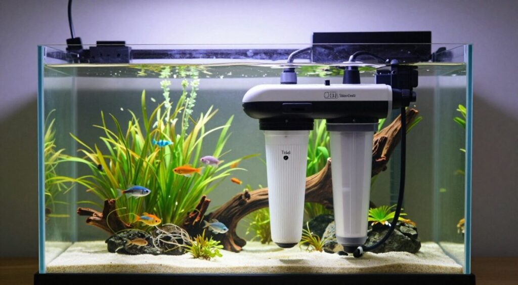 A detailed image of a Seachem Tidal 55 hang-on filter prominently displayed in a well-lit, modern aquarium setting. In the foreground, the filter is attached to the tank, showing its sleek design and various components like the adjustable flow settings and filtration media compartments. In the middle ground, the aquarium water is crystal clear, revealing vibrant aquatic plants and colorful fish swimming around, creating a lively underwater scene. The background features soft-focus tank decor like rocks and driftwood, enhancing the natural ambiance. The lighting is bright and inviting, simulating natural sunlight filtering through the water, casting gentle reflections. The overall mood is serene and peaceful, ideal for showcasing effective filtration in an aquarium of this size.