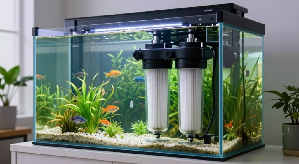A detailed image of a biological canister filter designed for a large aquarium. In the foreground, showcase the filter itself, highlighting its intricate features like multiple filtration chambers and high-capacity filtration media. The middle ground features a 200-liter aquarium filled with vibrant aquatic plants and colorful fish swimming gracefully. Ensure the lighting is natural, casting soft reflections underwater, giving a tranquil vibe. The background includes a sleek, modern room setting, emphasizing the size and efficiency of the filtration system. Use a slightly angled perspective to capture depth and dimension. The overall atmosphere should evoke a sense of serenity and ecological harmony, illustrating the benefits of a high-efficiency canister filter in a large aquarium setup.