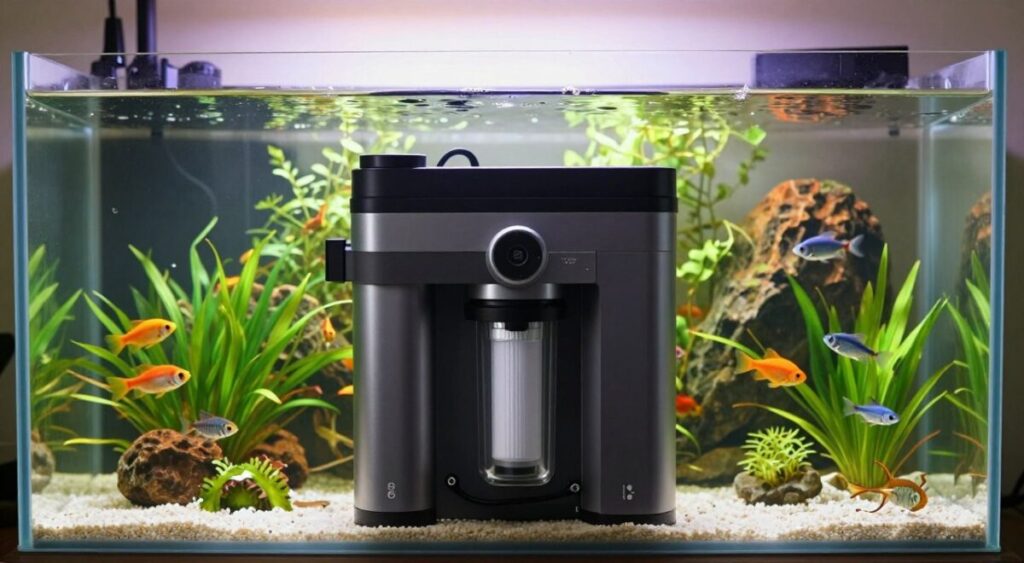A detailed view of a 200-liter aquarium showcasing a high-quality filtration system, with the filter prominently positioned in the foreground. The filter is sleek and modern, with visible inner workings, surrounded by vibrant aquatic plants and colorful fish swimming gracefully. In the middle ground, the crystalline water reflects soft natural light, hinting at a warm and serene atmosphere. The background features a lush underwater landscape with rocks and more aquatic life, creating a sense of depth. The lighting is bright yet soft, reminiscent of a sunlit room, with a clear focus on the filtration system, highlighting its importance for maintaining a healthy aquarium environment. The overall mood is calm and inviting, emphasizing the beauty of a well-filtered aquatic ecosystem.