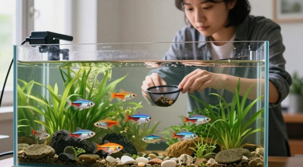 A serene indoor fish aquarium setting showcasing vibrant ornamental fish swimming gracefully among colorful aquatic plants. In the foreground, focus on a clear glass tank filled with a variety of tropical fish, like neon tetras and guppies, surrounded by lush green water plants and decorative stones. The middle ground features a fish enthusiast in modest casual clothing, carefully observing and maintaining the tank, using a small net and providing food to the fish. In the background, a well-lit room with soft natural light coming through a window enhances the tranquil atmosphere. The overall mood is peaceful and engaging, emphasizing the joy and care involved in maintaining ornamental fish.
