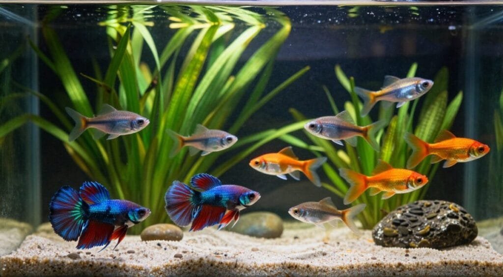 A tranquil aquarium setting showcasing a variety of ornamental fish species suitable for beginners. In the foreground, vibrant Betta fish display a rich spectrum of colors, while plump Guppies and Goldfish swim playfully around lush aquatic plants. The middle ground features peaceful Tetras darting among the greenery, complemented by a backdrop of soft, swirling sand and pebbles at the tank's base. The lighting is soft and natural, simulating sunlight filtering through water, subtly illuminating the fish and plants to create a serene atmosphere. The angle captures the entire aquarium in a wide shot, emphasizing harmony and underwater beauty, evoking a sense of calm and inspiration for potential fish owners.