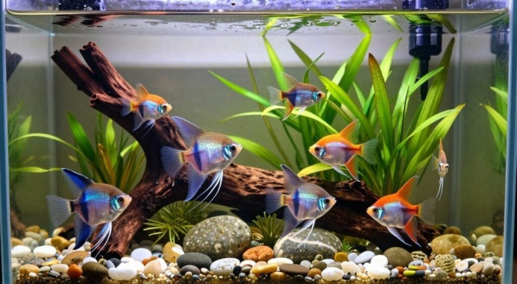 A vibrant composition featuring a variety of ornamental fish swimming gracefully in a beautifully decorated aquarium. In the foreground, include colorful species like bettas and angelfish, their fins fanning out elegantly, reflecting the shimmering light. The middle layer showcases intricately designed aquatic plants and decorative elements like pebbles and submerged driftwood, creating a natural habitat. In the background, soft lighting illuminates the tank, casting gentle shadows and enhancing the vivid colors of the fish. The scene evokes a tranquil and inviting atmosphere, perfect for illustrating the joys and benefits of keeping ornamental fish at home. Capture this from a slightly angled top-down perspective to emphasize the depth and beauty of the aquarium environment.