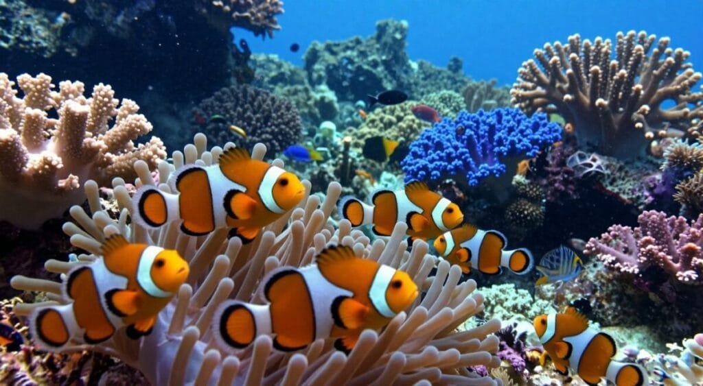 A vibrant underwater scene showcasing the natural habitat of clownfish, surrounded by colorful coral reefs. In the foreground, vividly colored clownfish swim playfully among the anemones, their orange and white stripes contrasting beautifully with the soft, flowing tentacles of the anemone. The middle ground features various species of coral in shades of blue, purple, and pink, teeming with small fish and sea life. In the background, gentle sunlight filters through the water, creating a serene, dappled light effect that enhances the vibrant colors. The atmosphere is lively yet peaceful, evoking a sense of the bustling life in a healthy coral reef ecosystem. The scene should be captured from a slightly angled perspective, giving depth to the underwater world without any text or overlays. A vibrant underwater scene showcasing the natural habitat of clownfish, surrounded by colorful coral reefs. In the foreground, vividly colored clownfish swim playfully among the anemones, their orange and white stripes contrasting beautifully with the soft, flowing tentacles of the anemone. The middle ground features various species of coral in shades of blue, purple, and pink, teeming with small fish and sea life. In the background, gentle sunlight filters through the water, creating a serene, dappled light effect that enhances the vibrant colors. The atmosphere is lively yet peaceful, evoking a sense of the bustling life in a healthy coral reef ecosystem. The scene should be captured from a slightly angled perspective, giving depth to the underwater world without any text or overlays.