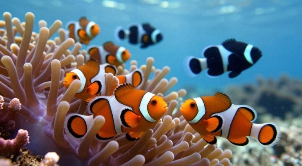 A vibrant underwater scene showcasing various species of clownfish (Peixe Palhaço) in their natural habitat. In the foreground, a pair of bright orange and white clownfish are nestled among colorful anemones, displaying their characteristic patterns. The middle ground features additional varieties such as the black clownfish and the longfin clownfish, swimming playfully. The background fades into soft, blue ocean depths, with subtle rays of sunlight filtering through the water, creating a tranquil, serene atmosphere. Use natural ocean lighting effects to enhance the colors of the fish and coral. The composition should be lively yet peaceful, capturing the beauty and diversity of clownfish, making it ideal for an informative illustration. A vibrant underwater scene showcasing various species of clownfish (Peixe Palhaço) in their natural habitat. In the foreground, a pair of bright orange and white clownfish are nestled among colorful anemones, displaying their characteristic patterns. The middle ground features additional varieties such as the black clownfish and the longfin clownfish, swimming playfully. The background fades into soft, blue ocean depths, with subtle rays of sunlight filtering through the water, creating a tranquil, serene atmosphere. Use natural ocean lighting effects to enhance the colors of the fish and coral. The composition should be lively yet peaceful, capturing the beauty and diversity of clownfish, making it ideal for an informative illustration.