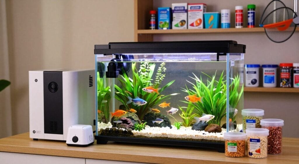 A well-equipped home aquarium setup featuring essential ornamental fishkeeping tools. In the foreground, showcase neatly arranged aquarium equipment, including a high-quality filtration system, an adjustable heater, and a vibrant selection of fish food containers. In the middle, display a beautifully illuminated aquarium filled with colorful ornamental fish like bettas and guppies, surrounded by lush aquatic plants and decorative rocks. In the background, highlight a well-organized shelf stocked with additional fish care supplies such as nets, water test kits, and maintenance tools, all under soft, warm lighting to create an inviting atmosphere. The scene is shot from a slightly elevated angle, emphasizing the clarity of the aquarium water and the vibrant colors of the fish, evoking a sense of tranquility and the joy of fishkeeping.