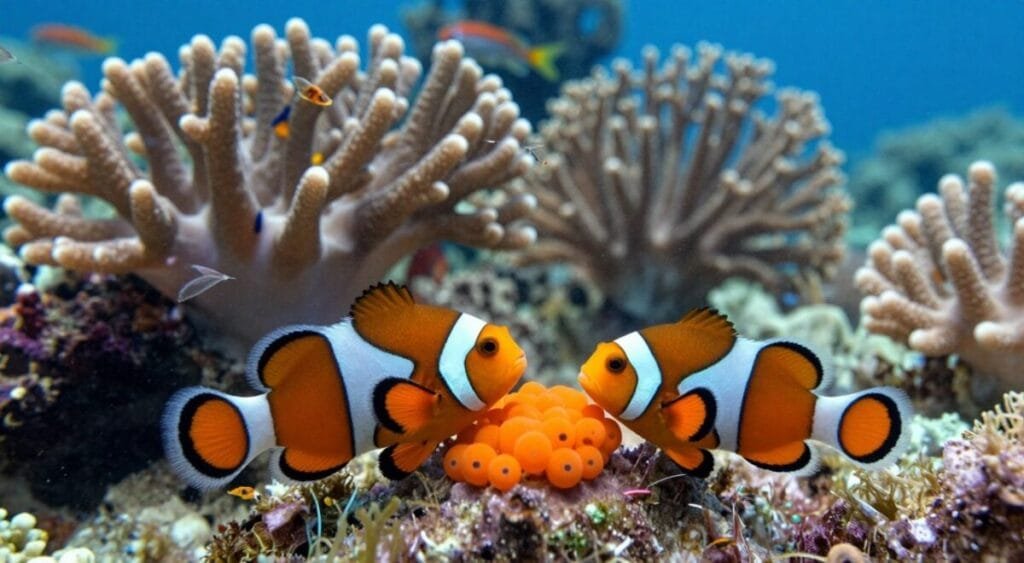 An underwater scene showcasing the reproduction of clownfish in a vibrant coral reef. In the foreground, a pair of colorful clownfish can be seen attentively guarding their cluster of orange eggs nestled on a flat surface among the coral. The male fish displays a caring demeanor, while the female swims nearby, creating a sense of nurturing. In the middle ground, a variety of coral formations and anemones provide shelter and vibrant colors, with soft light filtering through the water, creating a serene, dreamy atmosphere. The background features subtle hints of other marine life, such as small shrimp and fish, enhancing the rich biodiversity. The scene is captured using a wide-angle lens to highlight the dynamic interactions and intricate details in a balanced and harmonious composition. An underwater scene showcasing the reproduction of clownfish in a vibrant coral reef. In the foreground, a pair of colorful clownfish can be seen attentively guarding their cluster of orange eggs nestled on a flat surface among the coral. The male fish displays a caring demeanor, while the female swims nearby, creating a sense of nurturing. In the middle ground, a variety of coral formations and anemones provide shelter and vibrant colors, with soft light filtering through the water, creating a serene, dreamy atmosphere. The background features subtle hints of other marine life, such as small shrimp and fish, enhancing the rich biodiversity. The scene is captured using a wide-angle lens to highlight the dynamic interactions and intricate details in a balanced and harmonious composition.