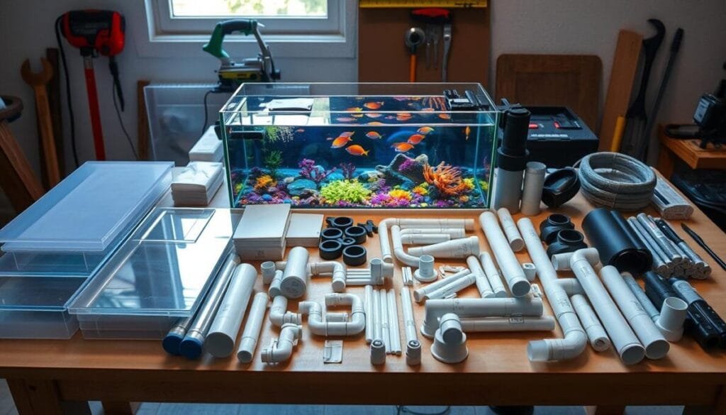 A detailed and organized display of aquarium sump materials laid out on a clean workbench. In the foreground, showcase various components such as acrylic sheets, PVC pipes, and fittings, arranged neatly with labels for clarity. The middle ground features an open sump tank demonstrating how these materials are installed, with vibrant aquatic colors reflecting off the water surface. The background includes tools like a saw, measuring tape, and a wrench, subtly blurred to focus attention on the sump setup. Soft, natural lighting from a nearby window creates a warm and inviting atmosphere, emphasizing the textures of the materials. The angle is slightly elevated, providing a comprehensive view that highlights both the functionality and workmanship involved in constructing an aquarium sump. A detailed and organized display of aquarium sump materials laid out on a clean workbench. In the foreground, showcase various components such as acrylic sheets, PVC pipes, and fittings, arranged neatly with labels for clarity. The middle ground features an open sump tank demonstrating how these materials are installed, with vibrant aquatic colors reflecting off the water surface. The background includes tools like a saw, measuring tape, and a wrench, subtly blurred to focus attention on the sump setup. Soft, natural lighting from a nearby window creates a warm and inviting atmosphere, emphasizing the textures of the materials. The angle is slightly elevated, providing a comprehensive view that highlights both the functionality and workmanship involved in constructing an aquarium sump.