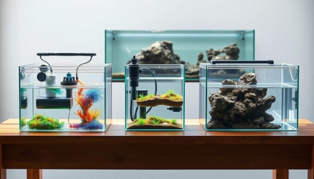 A detailed illustration of various aquarium sump types arranged on a wooden table. In the foreground, showcase a clear glass sump with multiple compartments filled with colorful media and equipment. In the middle, display a compact sump with a built-in protein skimmer and an adjustable water level, illustrating its inner workings. Include a larger, more elaborate sump with a refugium and live rock in the background to show the diversity of options. Use natural lighting to create a bright, inviting atmosphere, emphasizing the clarity of the water and the vibrant colors of the media. Maintain a clean, minimalist background with a subtle aquarium setting, enhancing focus on the sumps. A detailed illustration of various aquarium sump types arranged on a wooden table. In the foreground, showcase a clear glass sump with multiple compartments filled with colorful media and equipment. In the middle, display a compact sump with a built-in protein skimmer and an adjustable water level, illustrating its inner workings. Include a larger, more elaborate sump with a refugium and live rock in the background to show the diversity of options. Use natural lighting to create a bright, inviting atmosphere, emphasizing the clarity of the water and the vibrant colors of the media. Maintain a clean, minimalist background with a subtle aquarium setting, enhancing focus on the sumps.