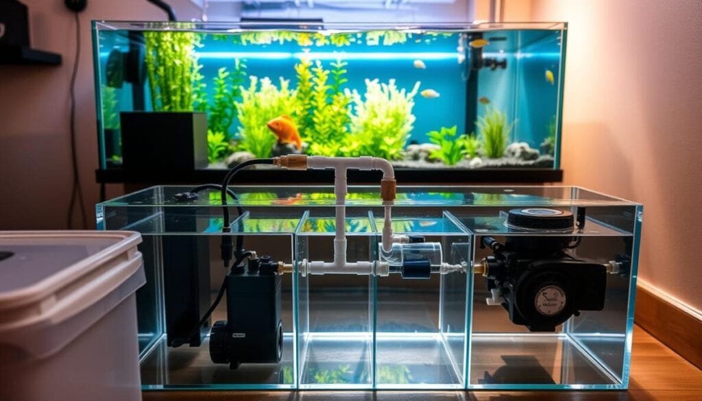 A detailed installation setup for an aquarium sump, showcasing a modern, well-organized sump system. In the foreground, a clear acrylic sump tank with visible compartments for filtration and water circulation elements. The middle area features connected piping, valves, and a silent pump, demonstrating hydraulic installation techniques. In the background, a softly lit aquarium setup with healthy aquatic plants and fish adds life to the scene. The lighting is warm and inviting, highlighting the translucent water and reflections on glass surfaces, captured from a slightly elevated angle to provide depth. The atmosphere conveys a sense of professionalism and expertise in aquarium maintenance, emphasizing safe and practical installation practices. A detailed installation setup for an aquarium sump, showcasing a modern, well-organized sump system. In the foreground, a clear acrylic sump tank with visible compartments for filtration and water circulation elements. The middle area features connected piping, valves, and a silent pump, demonstrating hydraulic installation techniques. In the background, a softly lit aquarium setup with healthy aquatic plants and fish adds life to the scene. The lighting is warm and inviting, highlighting the translucent water and reflections on glass surfaces, captured from a slightly elevated angle to provide depth. The atmosphere conveys a sense of professionalism and expertise in aquarium maintenance, emphasizing safe and practical installation practices.