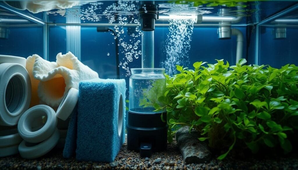 A detailed interior view of an aquarium sump system, showcasing three distinct sections: media, skimmer, and refuge. The foreground highlights various types of filtration media, such as ceramic rings and foam pads, arranged neatly in their chambers, with subtle water movement creating ripples. In the middle ground, a high-efficiency skimmer is positioned, bubbles forming as it works to clean the water, while lush macroalgae thrives in the refuge section. The background features pipes and water flow, illuminated with soft, natural lighting to enhance the tranquil atmosphere, simulating a well-maintained aquatic ecosystem. The angle captures the sump from a slight top-down perspective, inviting viewers to explore the intricacies of aquarium sump components. A detailed interior view of an aquarium sump system, showcasing three distinct sections: media, skimmer, and refuge. The foreground highlights various types of filtration media, such as ceramic rings and foam pads, arranged neatly in their chambers, with subtle water movement creating ripples. In the middle ground, a high-efficiency skimmer is positioned, bubbles forming as it works to clean the water, while lush macroalgae thrives in the refuge section. The background features pipes and water flow, illuminated with soft, natural lighting to enhance the tranquil atmosphere, simulating a well-maintained aquatic ecosystem. The angle captures the sump from a slight top-down perspective, inviting viewers to explore the intricacies of aquarium sump components.