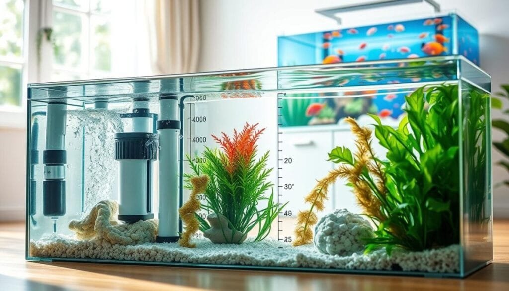 A well-designed aquarium sump, elegantly positioned in a bright, airy room. The sump features multiple compartments filled with crystal-clear water, bio-media, and filtering elements, surrounded by realistic aquatic plants. In the foreground, a close-up view highlights the intricate details of the sump's filtration system, showcasing water flow and air bubbles. In the middle, the sump includes measurement markings for capacity, indicating its size relative to an adjacent aquarium. The background subtly displays an aquarium tank filled with vibrant fish, enhancing the overall aquatic theme. Soft, natural light filters through a nearby window, creating a serene and inviting atmosphere that emphasizes clarity and functionality, inviting viewers to consider their own aquarium setup. A well-designed aquarium sump, elegantly positioned in a bright, airy room. The sump features multiple compartments filled with crystal-clear water, bio-media, and filtering elements, surrounded by realistic aquatic plants. In the foreground, a close-up view highlights the intricate details of the sump's filtration system, showcasing water flow and air bubbles. In the middle, the sump includes measurement markings for capacity, indicating its size relative to an adjacent aquarium. The background subtly displays an aquarium tank filled with vibrant fish, enhancing the overall aquatic theme. Soft, natural light filters through a nearby window, creating a serene and inviting atmosphere that emphasizes clarity and functionality, inviting viewers to consider their own aquarium setup.