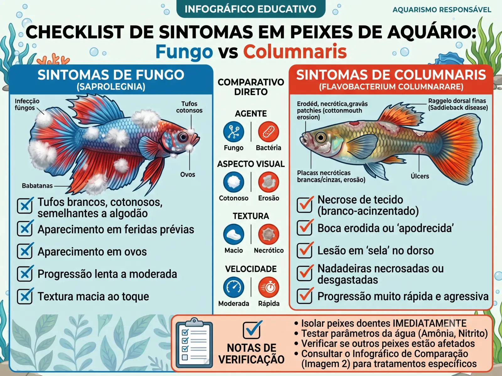 Comparação entre fungo Saprolegnia e bactéria Columnaris