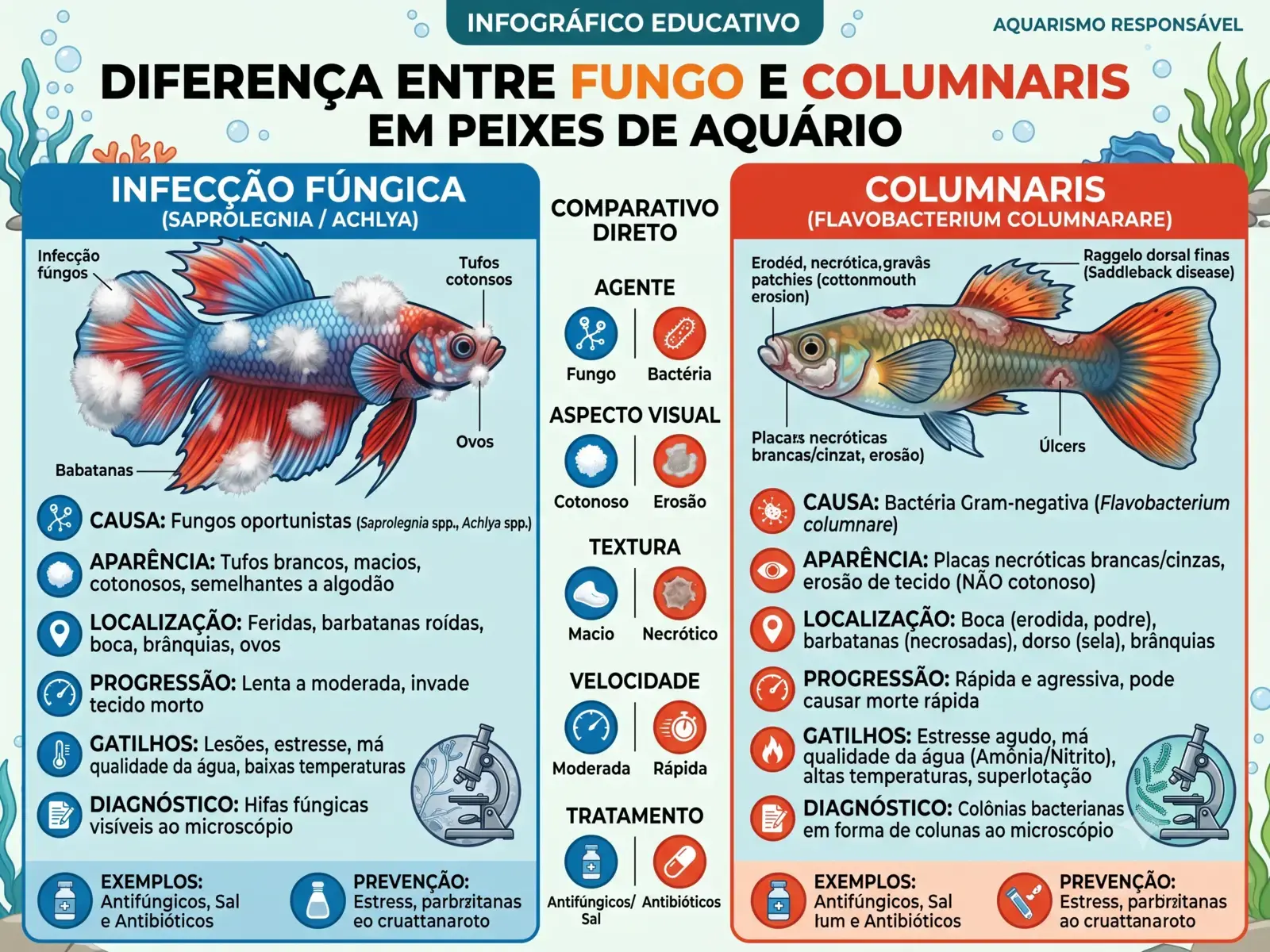 Peixe com doença do algodão apresentando lesões esbranquiçadas