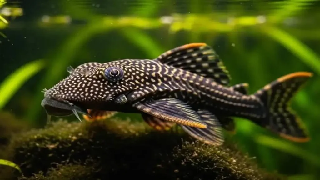 Peixe Ancistrus aderido a um tronco dentro de um aquário de água doce