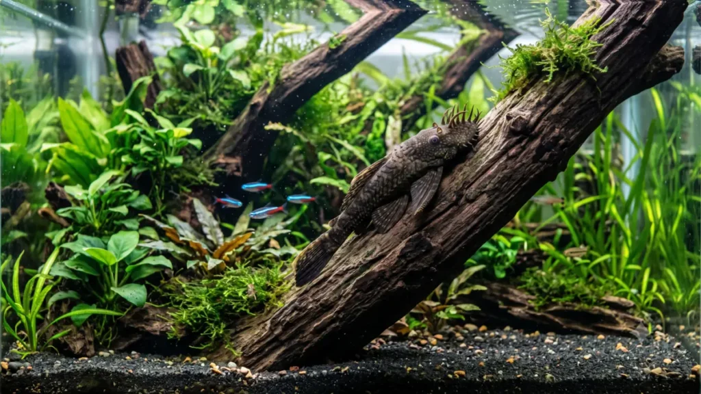 Peixe Ancistrus raspando algas sobre um tronco em aquário plantado