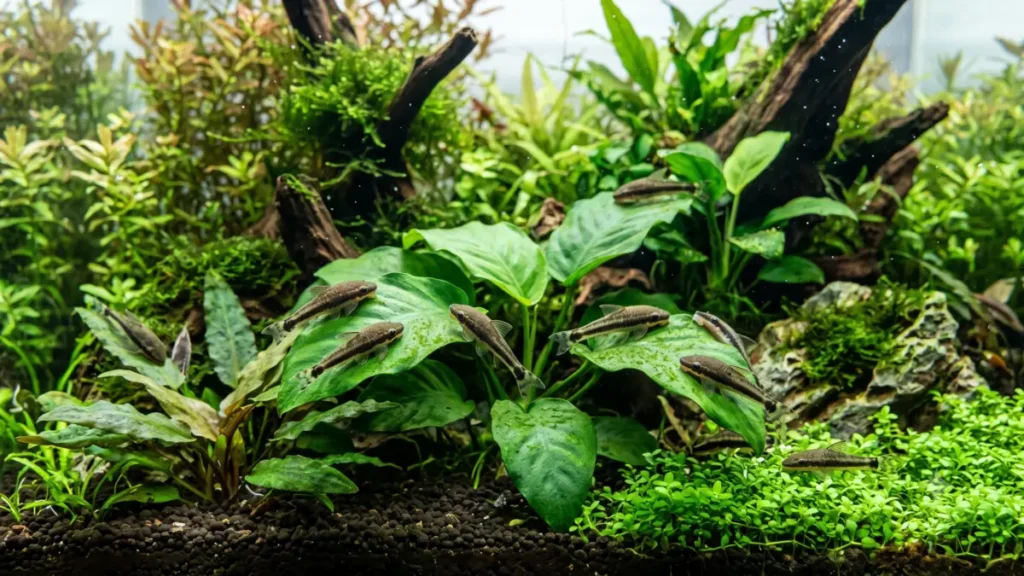 Grupo de Otocinclus alimentando-se sobre folhas em aquário plantado