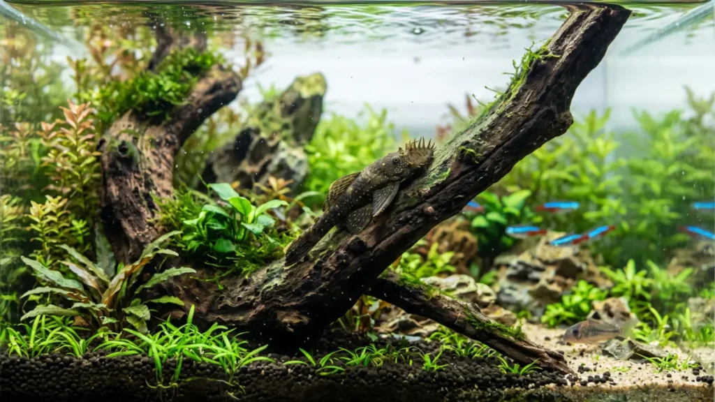 Peixe limpa vidro alimentando-se sobre um tronco natural dentro do aquário