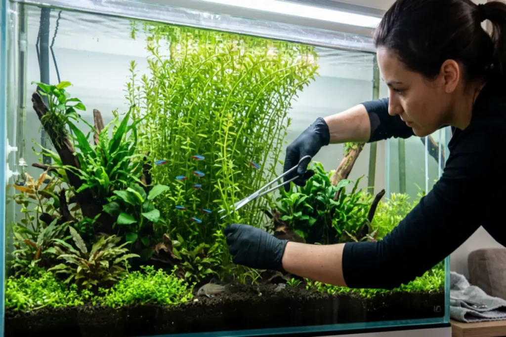 Aquarista realizando a poda da planta Elódea no aquário