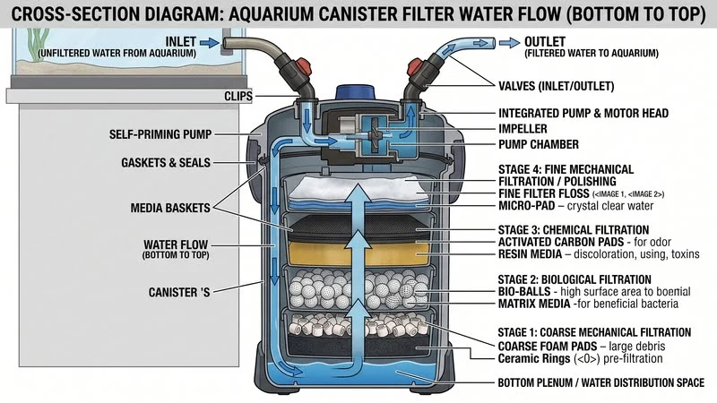Esquema mostrando o fluxo de água de baixo para cima dentro de um filtro canister.